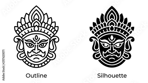 Obraz na płótnie Indian Deity Outline and Silhouette: Two stylized representations of an Indian deity, one in outline and the other as a solid silhouette, showcase intricate facial features and decorative headwear