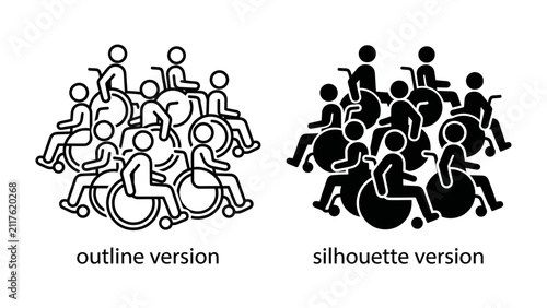 Group of People in Wheelchairs: A visual representation of individuals using wheelchairs, showcasing both an outline and silhouette version, symbolizing accessibility and inclusion.