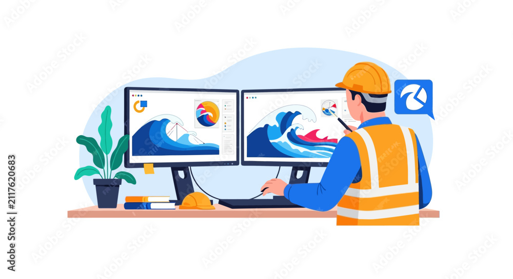 Obraz premium Coastal engineer utilizing advanced wave simulation technology for environmental analysis and future planning