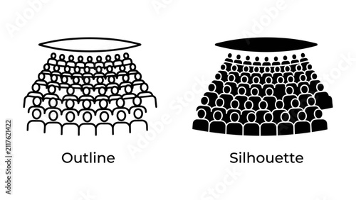 Audience Representation: Two graphic icons depict an audience, one in outline style and the other as a solid silhouette, both seated before a stage or presentation area.