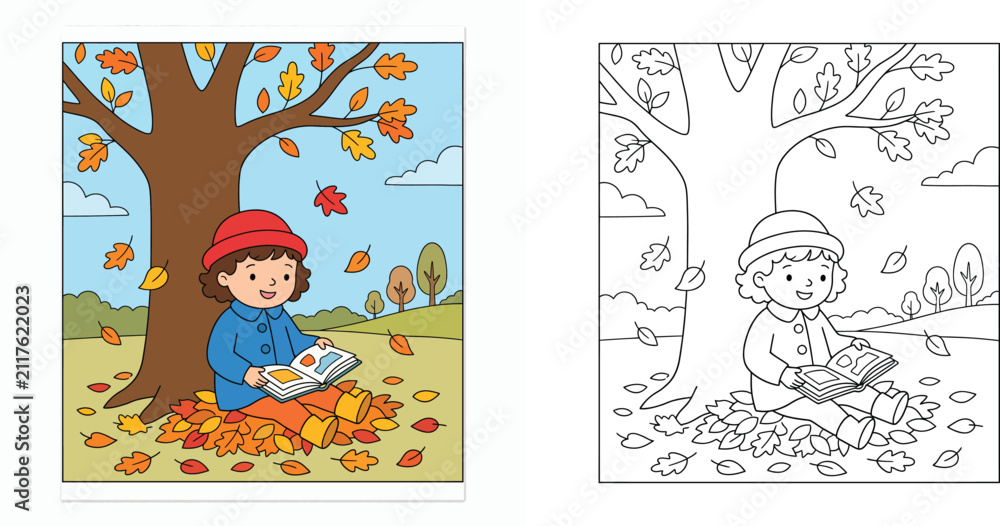 Fototapeta premium Cute Girl Reading Book Under Autumn Tree Vector Illustration with Coloring Page Line Art for Kids Activity