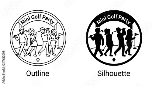 Mini Golf Party Design: A circular graphic design showcasing a Mini Golf Party theme, presented in both outline and silhouette styles, featuring stylized figures playing the game.