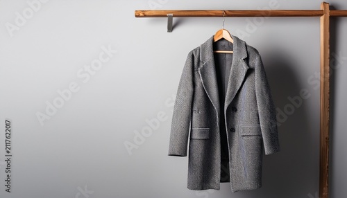 stylish grey overcoat hanging on wooden hanger against soft grey background