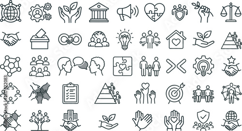Social responsibility community support teamwork line icon set for non profit charity care corporate ethics ecology vectors