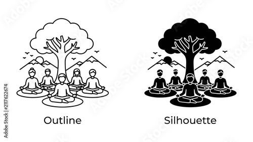 Group Meditation Outdoors: Two styles of illustrations depict a group of people meditating in a serene outdoor setting, under a large tree with mountains in the background.
