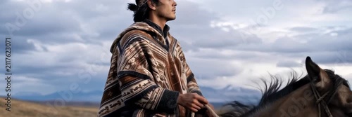 Mapuche man riding a horse across Patagonia, website banner with copy space for text