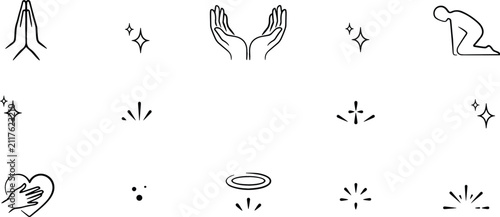 Fotografie Spiritual prayer faith and religious devotion line icon set for christian meditation worship vector web graphic elements