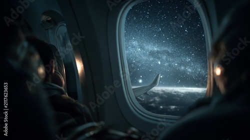 Inside a plane, passengers gaze at a stunning starry night. The wing cuts across a sea of clouds