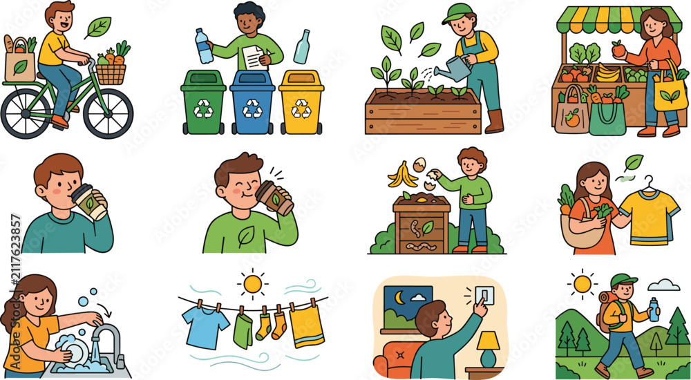 Fototapeta premium Eco Friendly People Character Set practicing Sustainable Zero Waste Habits like Recycling Gardening Composting and Conscious Shopping for Green Living