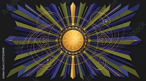 Colorful abstract geometric design with radiant sunburst. Modern digital art for creative projects.