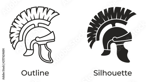 Cuadro en lienzo Ancient Roman Helmet Icon: Two illustrations of a Roman legionary helmet, one an outline and the other a silhouette, represent historical military headwear, symbolizing strength and warfare
