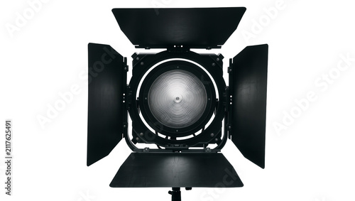 Bild auf Leinwand Professional black Fresnel spotlight with adjustable barn doors, isolated on tra