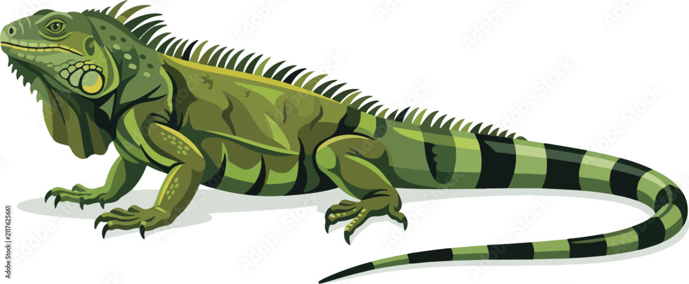 Fototapeta premium Detailed green iguana vector illustration showcasing its scaly skin and striped tail, a vibrant reptile