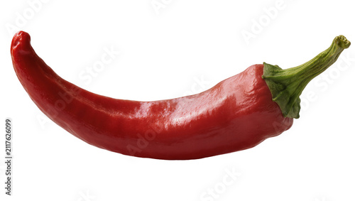 Obraz na płótnie Shiny red chili pepper with green stem, isolated on transparent background