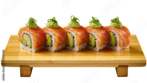 Canvastavla Five salmon avocado sushi rolls with wasabi and scallions, isolated on transpare