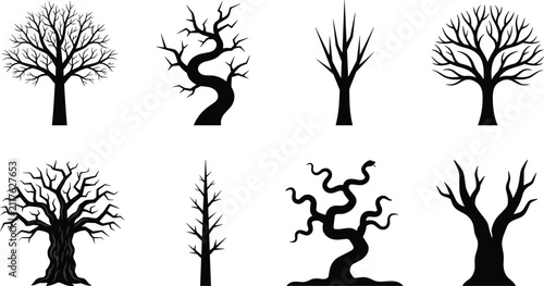 Cuadro en lienzo Dead Bare Winter Tree Silhouettes and Spooky Branch Icons Set for Halloween Back