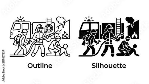 Fotografie Firefighter Rescue Icons: These contrasting outline and silhouette icons depict a fire engine and firefighters engaged in a rescue operation, highlighting emergency response and bravery