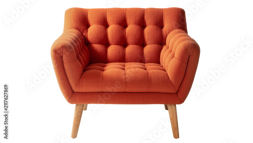 Foto Tufted orange armchair with wooden legs, isolated on transparent background