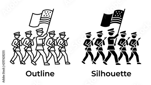 Bild auf Leinwand Soldiers Marching with Flag: A group of soldiers in uniform marches in formation, one holding a flag, depicted in both outline and silhouette styles