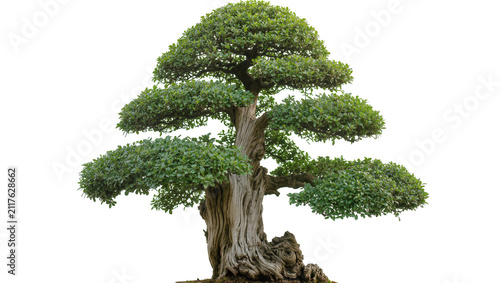 Принти на полотні Ancient gnarled bonsai tree with lush green foliage, isolated on transparent bac