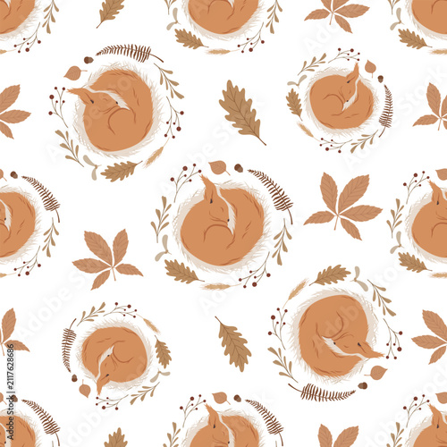 Seamless Autumn Squirrel Pattern with Woodland Leaves and Botanical Elements