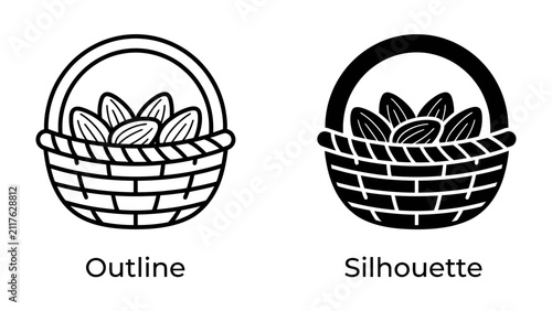 Foto Basket of Almonds: A woven basket overflowing with plump almonds, presented in both an outline and a silhouette style, representing natural goodness and healthy eating