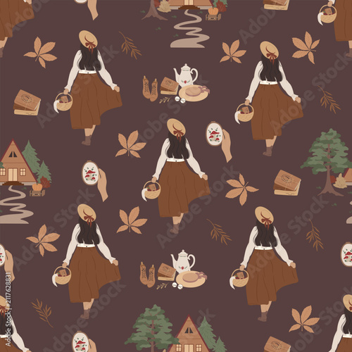 Seamless Autumn Cottagecore Pattern with Woman, Forest Cabin and Cozy Fall Lifestyle