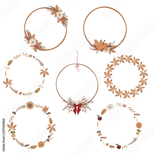 Autumn Wreath with Pumpkins, Leaves, Mushrooms and Floral Elements Vector Set