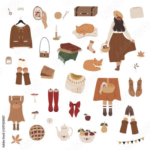 Cozy Autumn Lifestyle Clipart Collection with Cottagecore Fashion, Fall Clothing and Seasonal Elements Vector Set