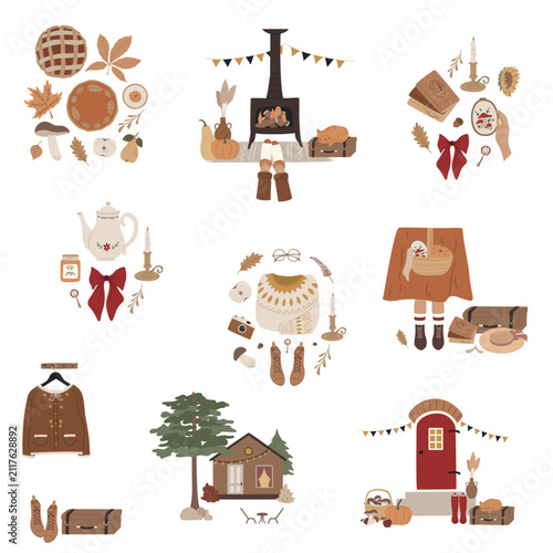 Cozy Autumn Lifestyle Clipart Collection with Cottage, Pumpkin, Fireplace and Fall Home Decor Vector Set