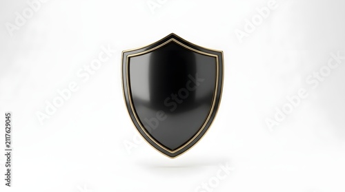 A sleek black shield with a gold metallic border isolated on a clean white background for design