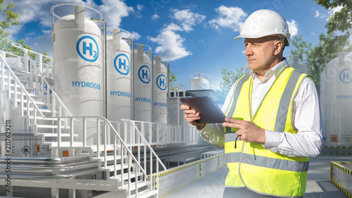 Hydrogen plant. Engineer in...