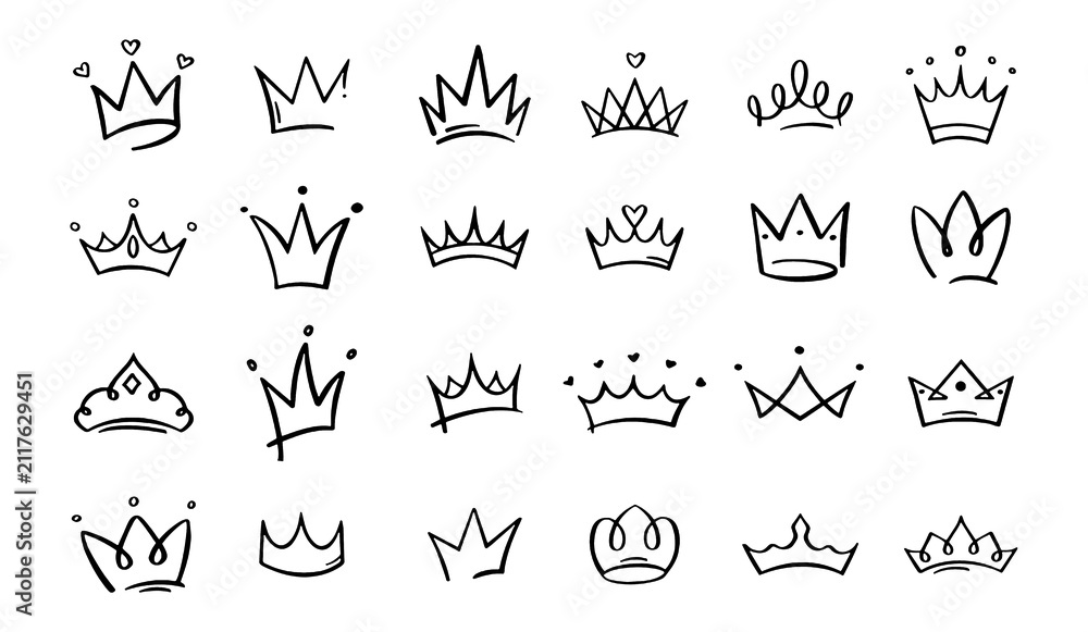 Fototapeta premium Hand Drawn Princess and Royal Crown Doodle Icons Set – Cute Sketch Crown Collection for Branding, Stickers and Decorative Design on Transparent Background