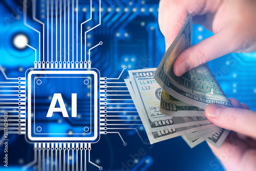 Artificial intelligence finance. Hand counts dollar banknotes near AI processor and digital circuit for fintech investment concept