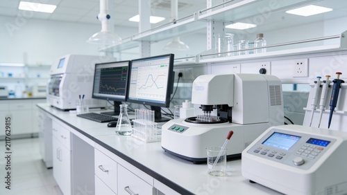 Bright biomedical laboratory interior with cutting-edge analytical technology and modern laboratory computer systems.