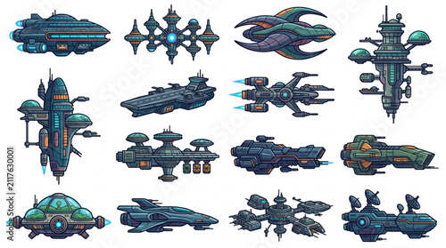 Foto Collection of futuristic sci-fi spaceship designs and space stations