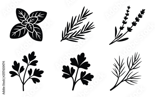 Fresh herbs vector icon set featuring basil rosemary lavender parsley cilantro and dill black silhouette illustrations isolated on white background