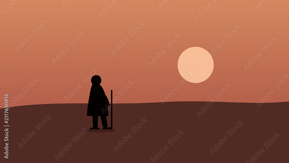 Fototapeta premium Minimalist desert traveler silhouette walking at sunset landscape illustration