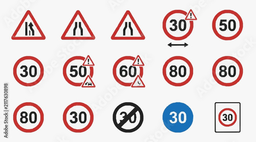 Konstfotografi Clean Collection of Road Signs with Speed Limits and Directional Warnings in Red
