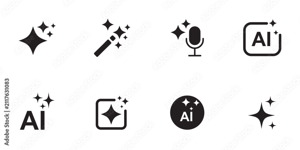 Fototapeta premium AI image generation icons set - Artificial intelligence, Generative AI logo icon sparkle symbol. Showing generate, magic wand tool and enhance photo actions with outline style for apps and web