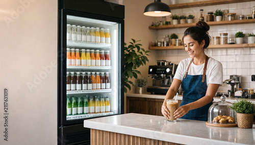 Barista prepares an iced coffee drink while smiling behind a modern cafe counter with refrigerated display of bottled juices. The scene conveys friendly service and a clean interior.
