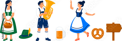 Cuadro en lienzo Set of cartoon characters in traditional German clothing celebrating at an Oktoberfest festival