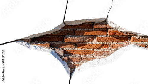 Bild auf Leinwand Cracked plaster wall revealing weathered red bricks, isolated on transparent bac