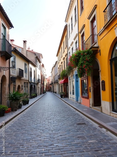 Cobblestone street lined with ancient buildings, shutters, medieval