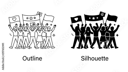 Crowd Celebration Icons: Two distinct representations, an outline and a silhouette, depict a jubilant crowd with flags and banners, symbolizing unity and collective enthusiasm.