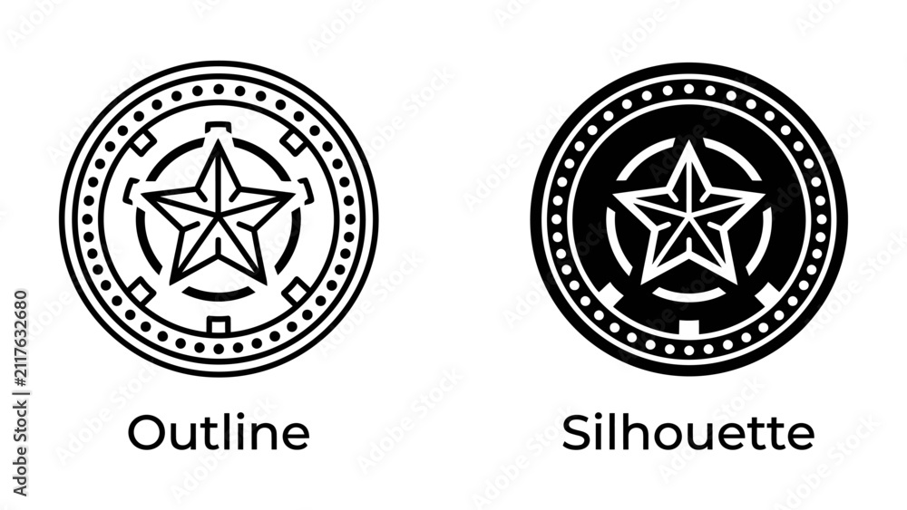 Fototapeta premium Outline and Silhouette of a Star Emblem: A clear demonstration of two distinct graphic styles, showcasing a five-pointed star emblem in both an outline and a solid silhouette form.