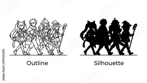 Konstfotografi Anime Character Group: An outline and silhouette of a group of anime-style adventurers, equipped with swords and staffs, marching forward with determination, suggesting a fantasy quest