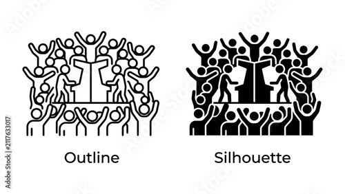 Audience Engagement: A captivating illustration depicts a crowd of stylized people with raised arms, surrounding a central figure on a platform, symbolizing engagement and active participation.