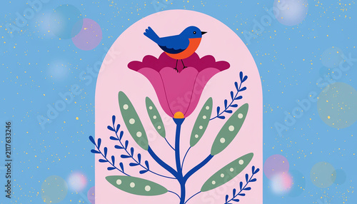Colorful Bird Under a Glass Dome with Blooming Flowers – Flat Vector Nature Illustration