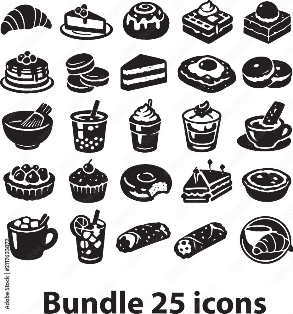 Fototapeta premium Cafe Bakery Pastry Dessert and Beverage Silhouette Icon Set Black Vector Collection